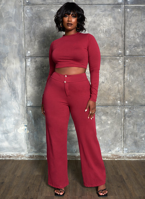 Essential Long Sleeve Crop Top & Wide Leg Pant Set - Burgundy
