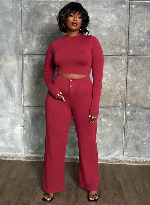 Essential Long Sleeve Crop Top & Wide Leg Pant Set - Burgundy