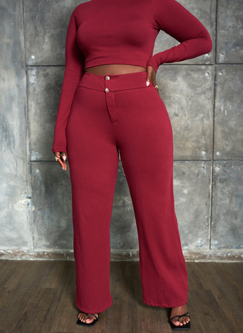 Essential Long Sleeve Crop Top & Wide Leg Pant Set - Burgundy