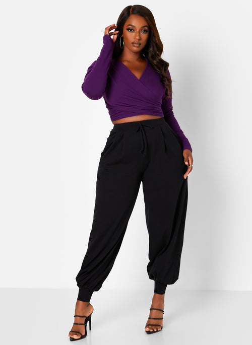 Black Essential Tie Waist Joggers W. Pockets Plus Sizes