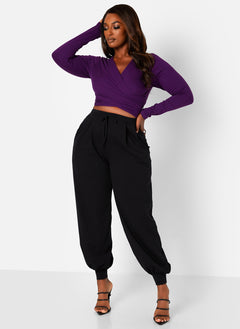 Black Essential Tie Waist Joggers W. Pockets Plus Sizes