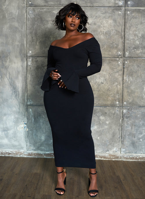 Essential Off The Shoulder Bell Sleeve Maxi Bodycon Dress - Black