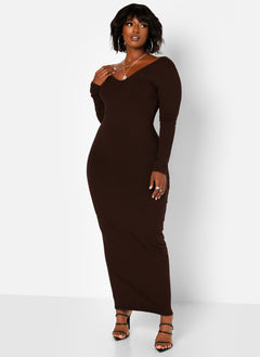 Essential Off The Shoulder Long Sleeve Maxi Bodycon Dress - Brown