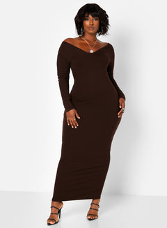 Essential Off The Shoulder Long Sleeve Maxi Bodycon Dress - Brown