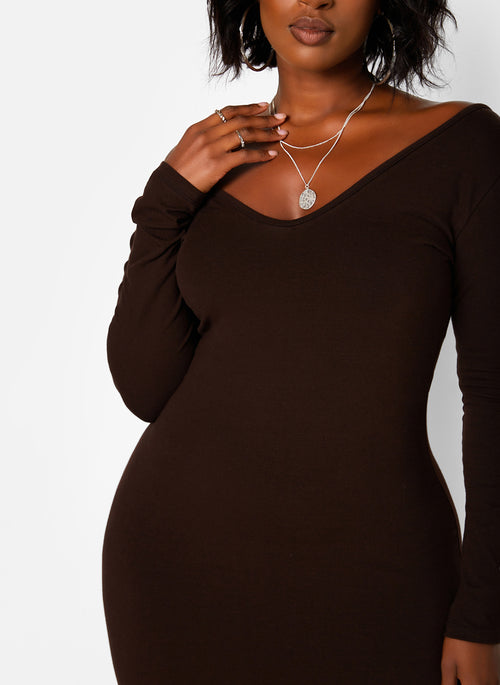 Essential Off The Shoulder Long Sleeve Maxi Bodycon Dress - Brown