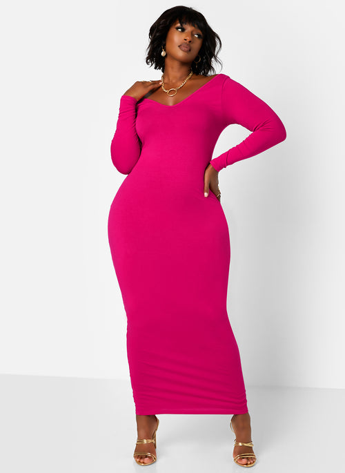 Essential Off The Shoulder Long Sleeve Maxi Bodycon Dress - Fuchsia