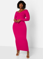 Essential Off The Shoulder Long Sleeve Maxi Bodycon Dress - Fuchsia