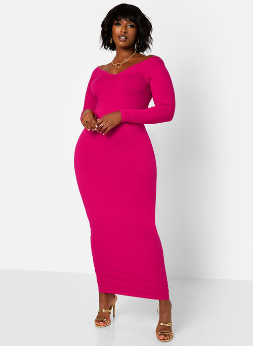 Essential Off The Shoulder Long Sleeve Maxi Bodycon Dress - Fuchsia