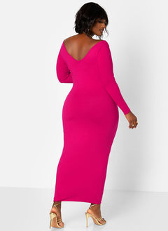 Essential Off The Shoulder Long Sleeve Maxi Bodycon Dress - Fuchsia