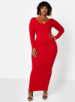 Essential Off The Shoulder Long Sleeve Maxi Bodycon Dress - Red