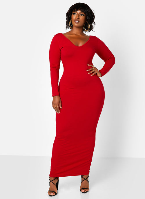 Essential Off The Shoulder Long Sleeve Maxi Bodycon Dress - Red