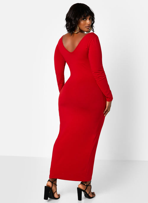Essential Off The Shoulder Long Sleeve Maxi Bodycon Dress - Red