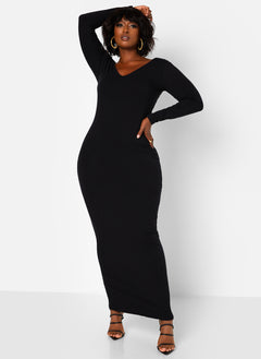 Essential Off The Shoulder Long Sleeve Maxi Bodycon Dress - Black
