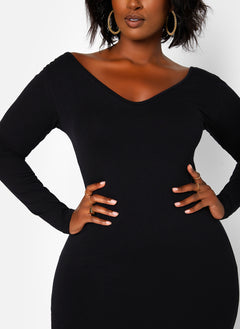 Essential Off The Shoulder Long Sleeve Maxi Bodycon Dress - Black