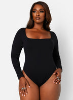 Essential Square Neck Long Sleeve Bodysuit - Black