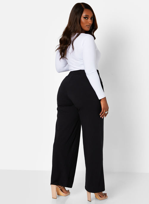 Black Essential Tie Waist Wide Leg Pants W. Pockets Plus Sizes