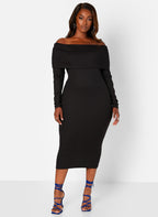 Black Everyones Favorite Ribbed Off Shoulder Midi Bodycon Dress Plus Sizes