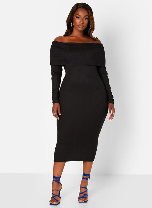 Black Everyones Favorite Ribbed Off Shoulder Midi Bodycon Dress Plus Sizes