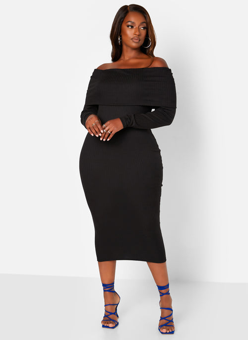 Everyones Favorite Ribbed Off Shoulder Midi Bodycon Dress