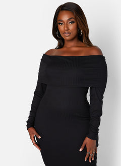 Black Everyones Favorite Ribbed Off Shoulder Midi Bodycon Dress Plus Sizes