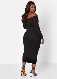 Everyones Favorite Ribbed Off Shoulder Midi Bodycon Dress