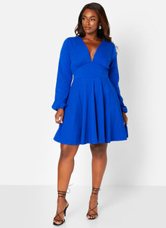 Royal Blue Feeling Fancy V Neck Mini Skater Dress Plus Sizes