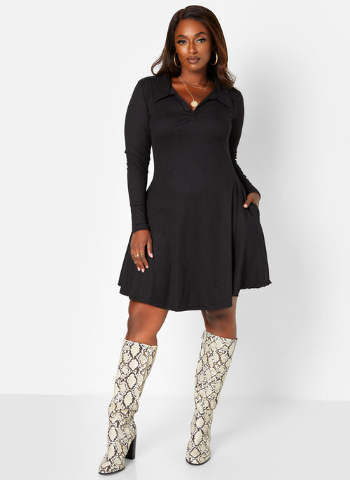 Black Get It Done Ribbed Collared Mini Skater Dress W. Pockets Plus Sizes