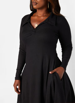 Black Get It Done Ribbed Collared Mini Skater Dress W. Pockets Plus Sizes