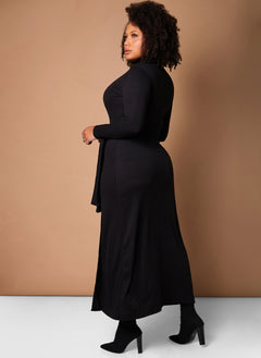 Black Give It A Rest Turtleneck Side Slit Bodycon Maxi Dress W. Tie Plus Sizes