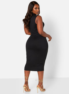 Black Giving Body Mock Neck Sleeveless Midi Bodycon Dress Plus Sizes