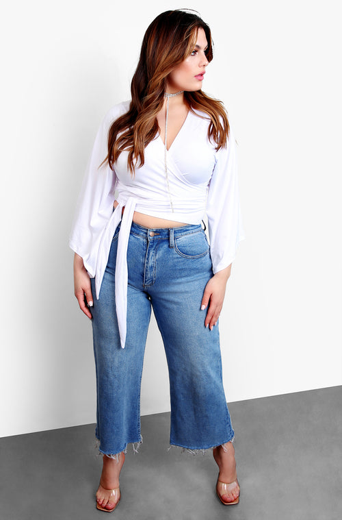 White Kimono Sleeve Wrap Around Tie Front Crop Top Plus Sizes
