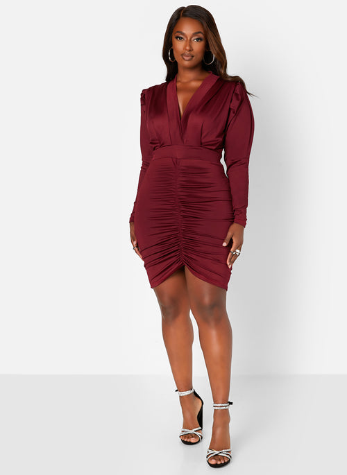 Burgundy Got It Like That Satin Plunge V Neck Ruched Mini Bodycon Dress Plus Sizes