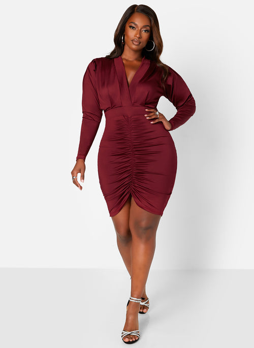 Burgundy Got It Like That Satin Plunge V Neck Ruched Mini Bodycon Dress Plus Sizes