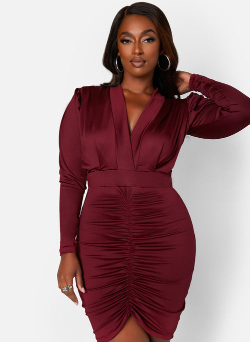 Burgundy Got It Like That Satin Plunge V Neck Ruched Mini Bodycon Dress Plus Sizes