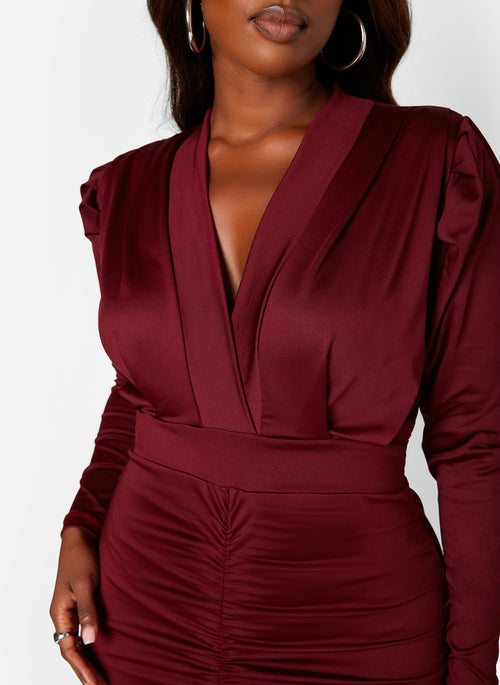 Burgundy Got It Like That Satin Plunge V Neck Ruched Mini Bodycon Dress Plus Sizes