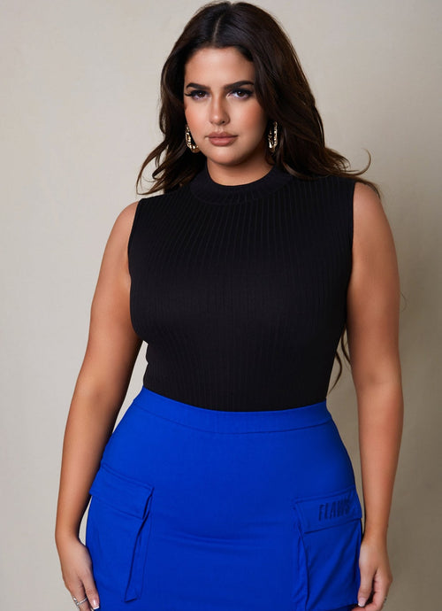 Gotta Have It Ribbed Turtleneck Sleeveless Bodysuit - Black