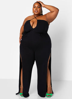 Black Grand Entrance Halter Split Leg Wide Leg Jumpsuit Plus Sizes