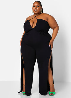Black Grand Entrance Halter Split Leg Wide Leg Jumpsuit Plus Sizes