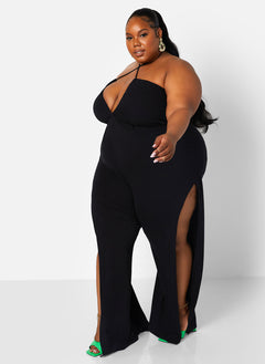 Black Grand Entrance Halter Split Leg Wide Leg Jumpsuit Plus Sizes