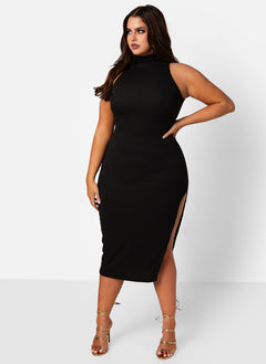 High Status Ribbed Turtleneck Side Slit Bodycon Midi Dress