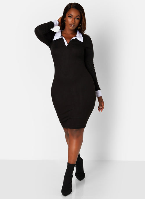 In Session Ribbed Collared Mini Bodycon Dress