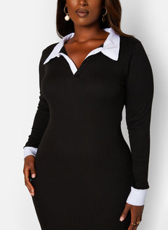 In Session Ribbed Collared Mini Bodycon Dress