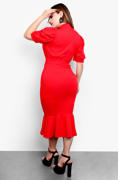 Red Puff Sleeves Ruffled Hem Midi Dress