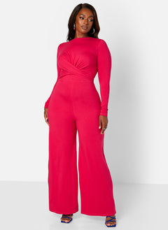 Fuchsia Key To The City Twist Front Wide Leg Jumpsuit Plus Sizes