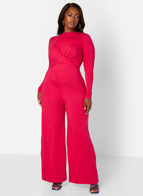 Fuchsia Key To The City Twist Front Wide Leg Jumpsuit Plus Sizes