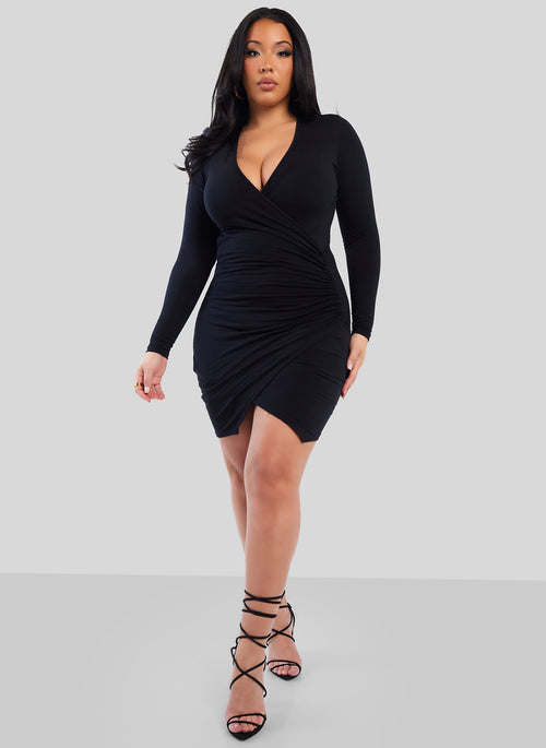 Black Low Key Ruched Bodycon Mini Dress