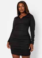Black Material Girl Ribbed Collared Ruched Mini Bodycon Dress Plus Sizes