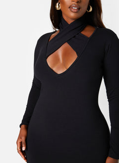 Black Party Vibes Caged Long Sleeve Bodycon Mini Dress Plus Sizes