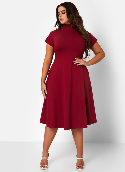 Burgundy Queen Bae Turtleneck Skater Midi Dress Plus Sizes