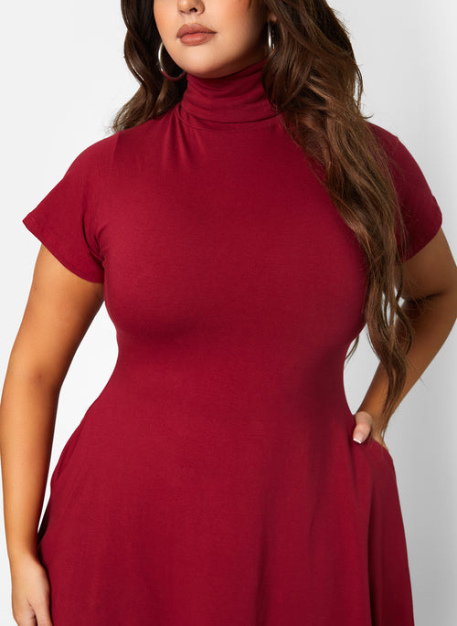 Burgundy Queen Bae Turtleneck Skater Midi Dress Plus Sizes